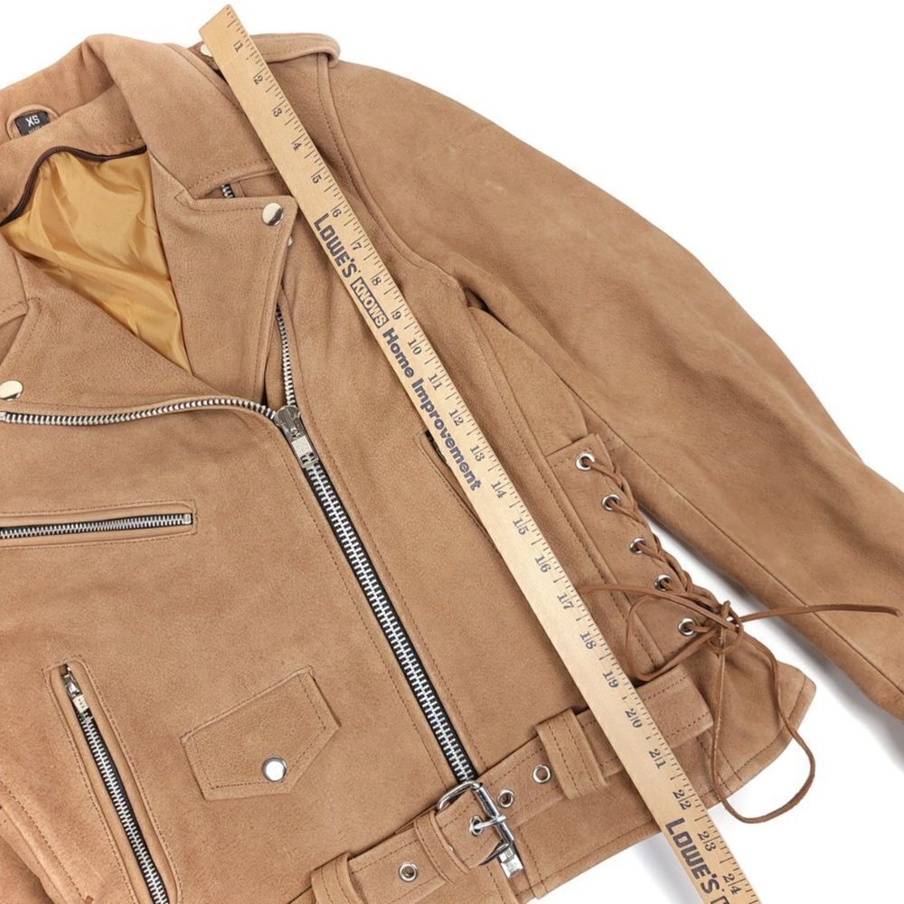 Genuine Leather Corset Lace Up Side Leather Biker Moto Jacket Tan Brown Camel XS - Picture 2 of 9